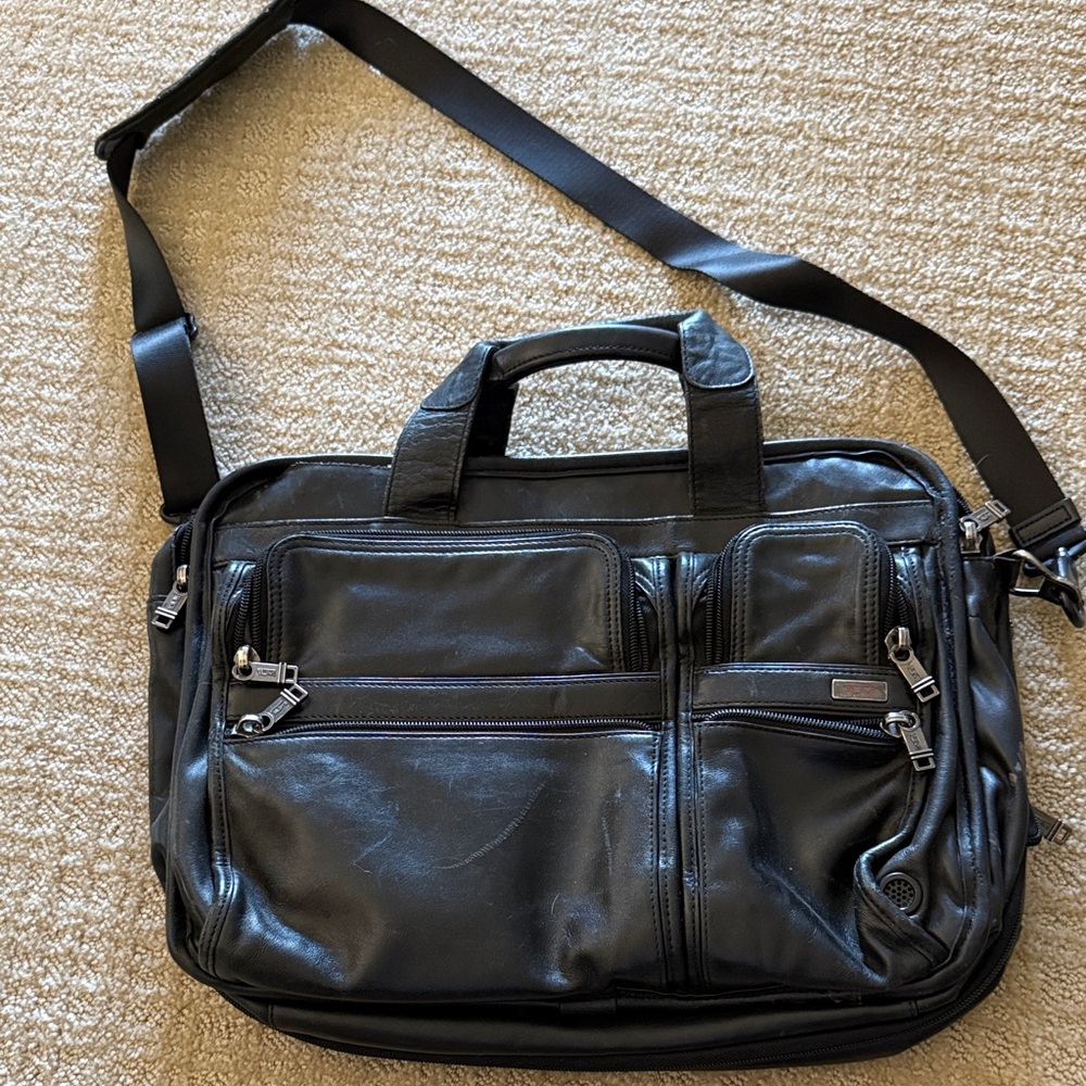 Tumi Refurbished Black Leather Messenger Bag